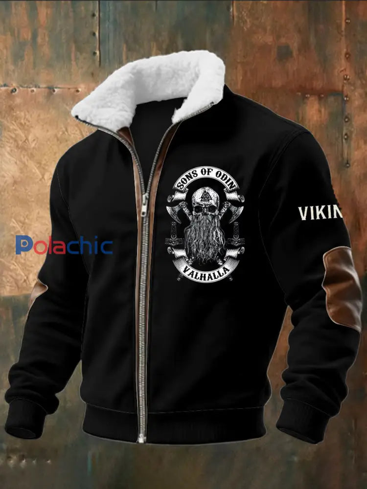 Viking Skull Imprimé à manches longues pour hommes Stand Up Collar Lambhair Zipper Top Noir / S
