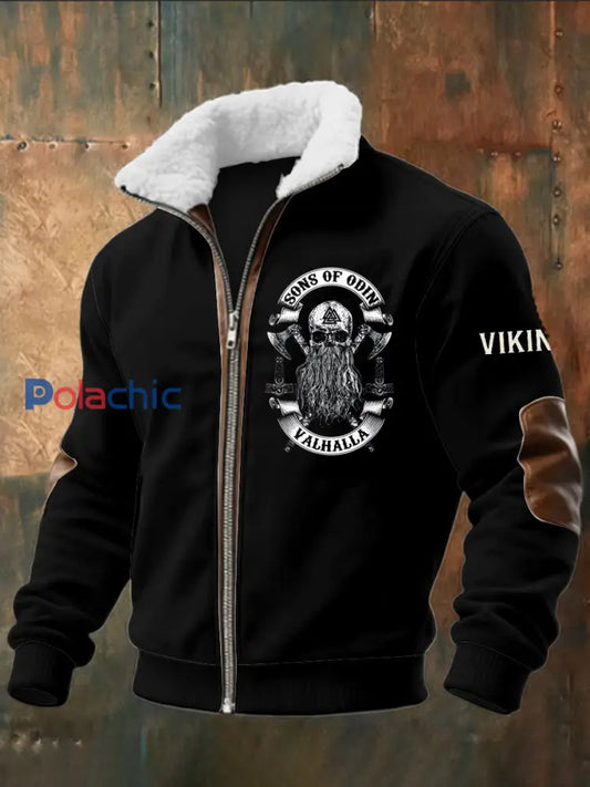 Viking Skull Imprimé à manches longues pour hommes Stand Up Collar Lambhair Zipper Top Noir / S