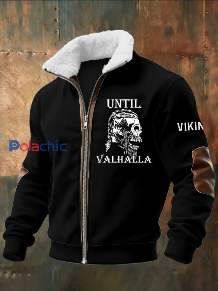 Viking Skull Imprimé à manches longues pour hommes Stand Up Collar Lambhair Zipper Top Noir / S