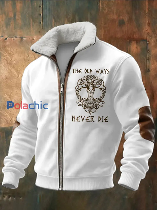 Viking Tree imprimé à manches longues pour hommes Stand Up Collar Lambhair Zipper Top Blanc / S