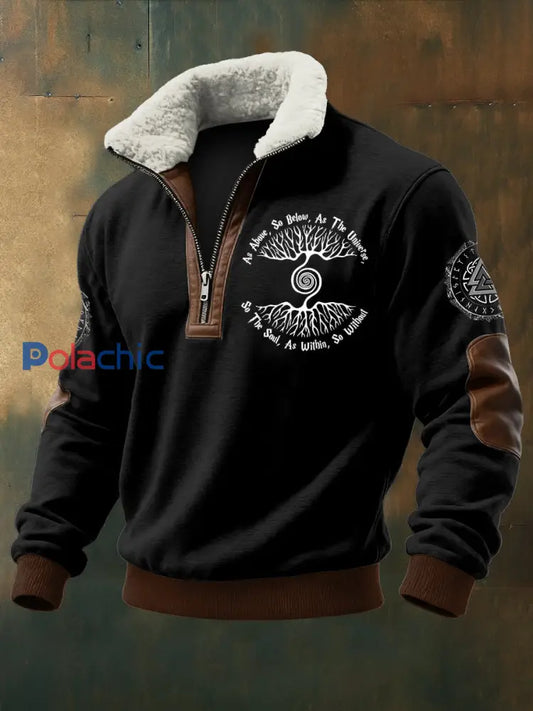 Viking Tree imprimé à manches longues pour hommes Stand Up Collar Lambhair Zipper Top Noir / S