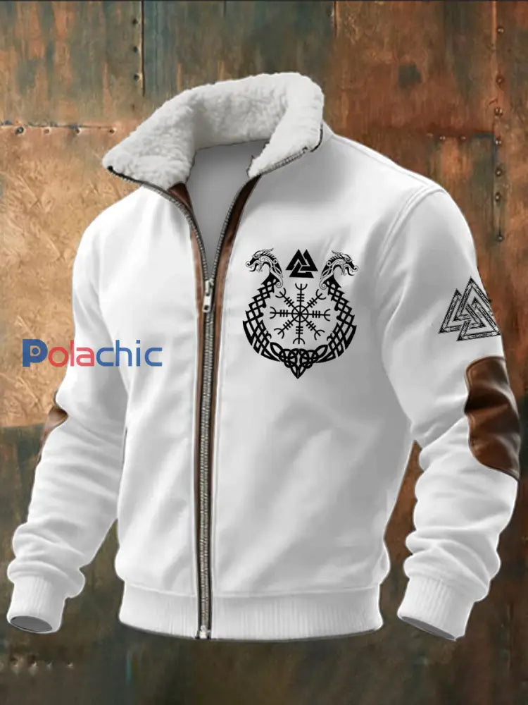 Viking Triangle imprimé à manches longues pour hommes Stand Up Collar Lambhair Zipper Top Blanc / S