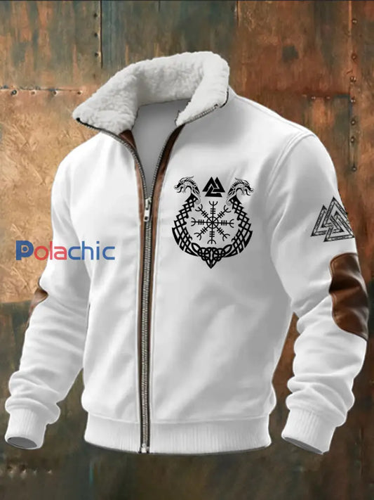 Viking Triangle imprimé à manches longues pour hommes Stand Up Collar Lambhair Zipper Top Blanc / S