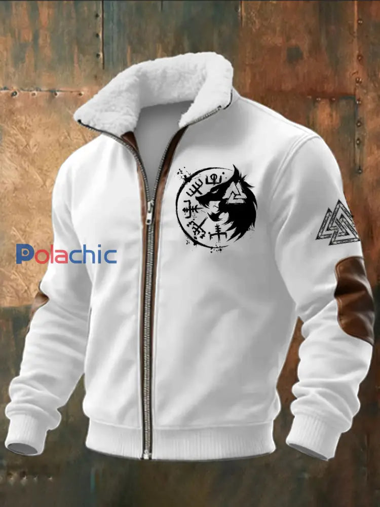 Viking Triangle imprimé à manches longues pour hommes Stand Up Collar Lambhair Zipper Top Blanc / S