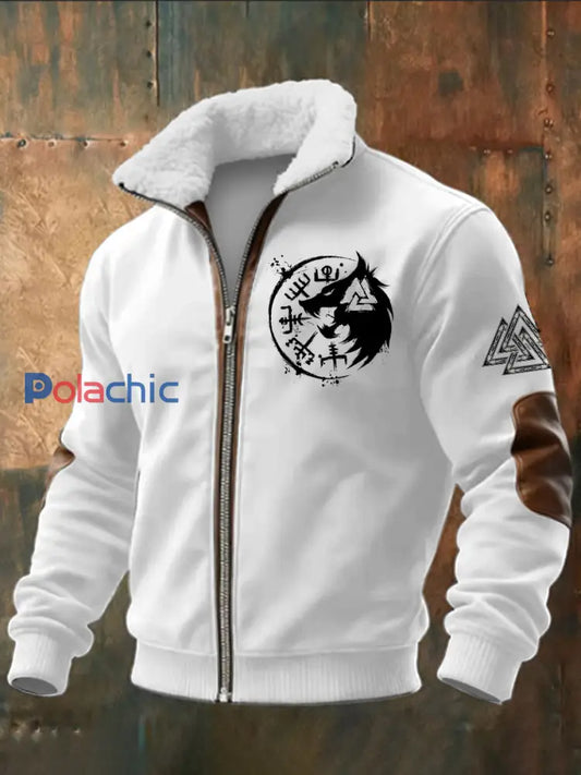 Viking Triangle imprimé à manches longues pour hommes Stand Up Collar Lambhair Zipper Top Blanc / S