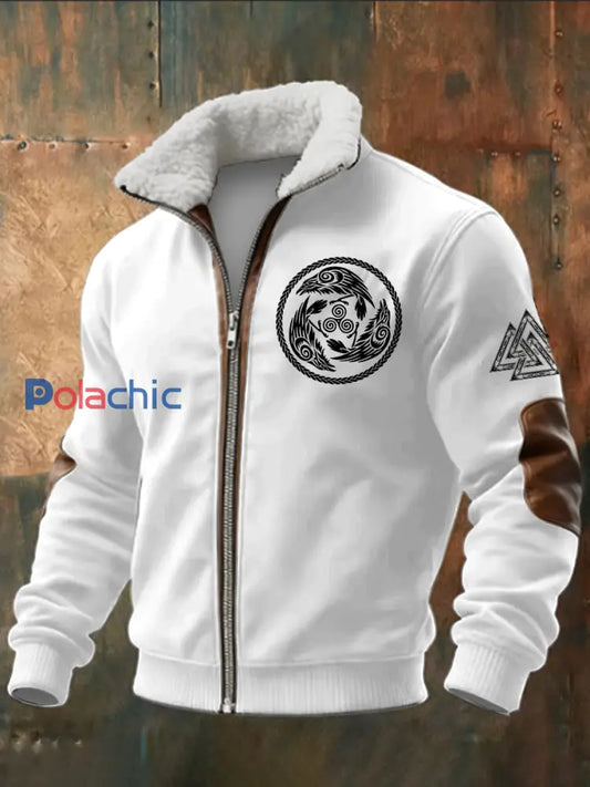 Viking Triangle imprimé à manches longues pour hommes Stand Up Collar Lambhair Zipper Top Blanc / S