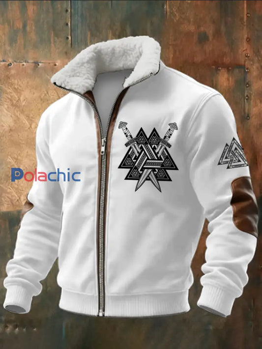 Viking Triangle imprimé à manches longues pour hommes Stand Up Collar Lambhair Zipper Top Blanc / S