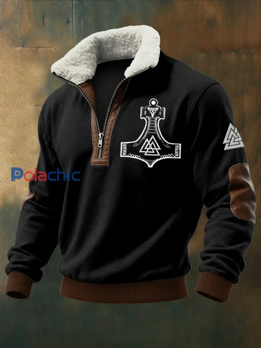 Viking Triangle imprimé à manches longues pour hommes Stand Up Collar Lambhair Zipper Top Noir / S