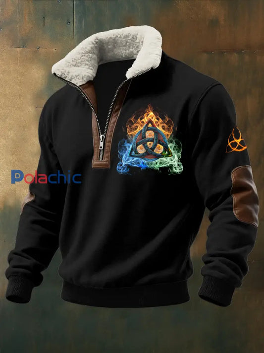 Viking Triangle imprimé à manches longues pour hommes Stand Up Collar Lambhair Zipper Top Noir / S