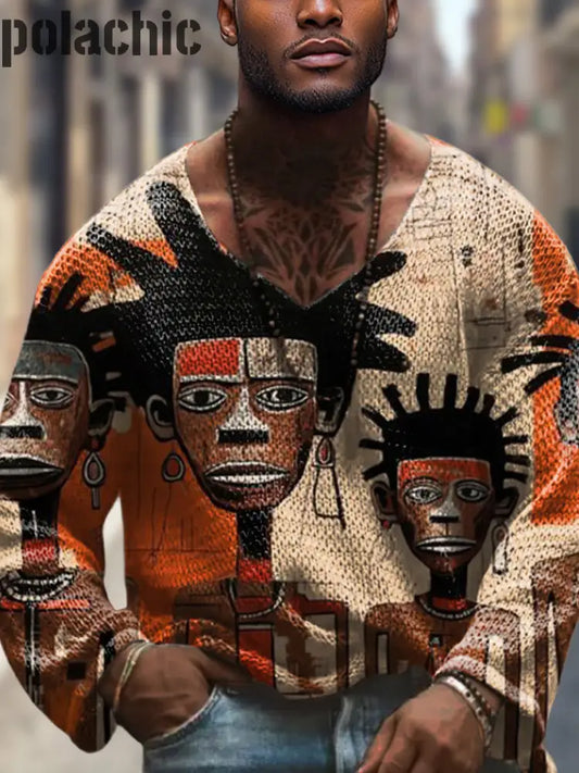 Vintage Africain Art Tribal Motif Imprimé Col En V À Manches Longues Pull Épais Top Des Hommes A / S