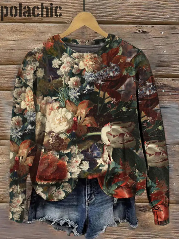 Vintage Art Floral Peinture Imprimer Casual Ras Du Cou Haut A / S