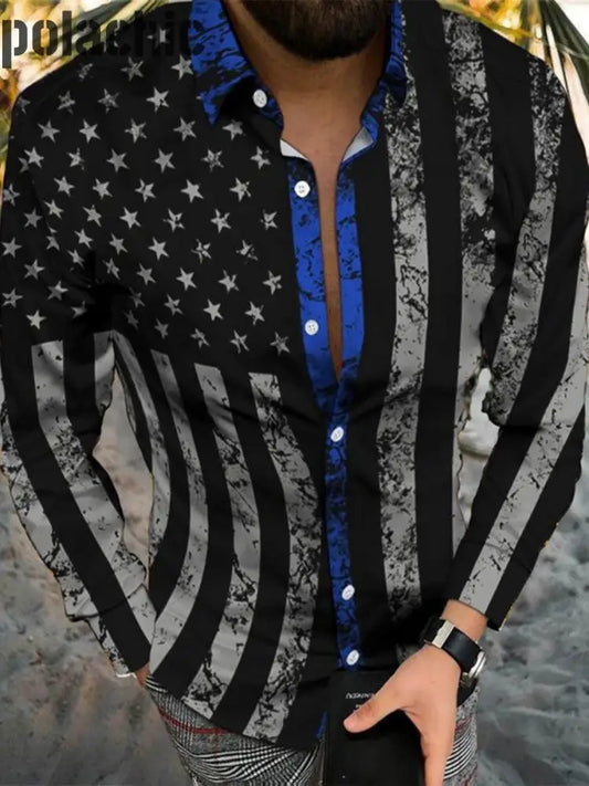 Vintage Art Print À Manches Longues Pour Hommes Bouton V-Neck Shirt Top A / S