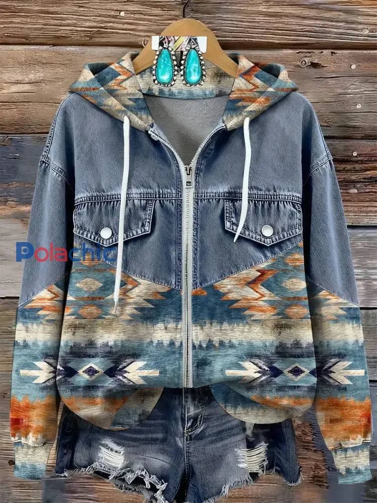 Vintage Art Print Patchwork Sweat à capuche zippé pour femmes comme image / S