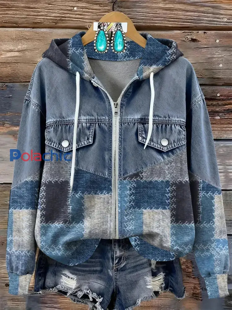 Vintage Art Print Patchwork Sweat à capuche zippé pour femmes comme image / S