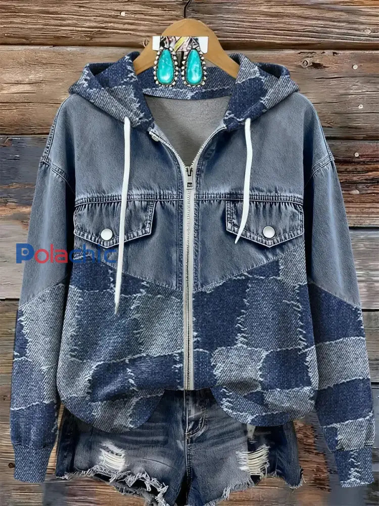 Vintage Art Print Patchwork Sweat à capuche zippé pour femmes comme image / S