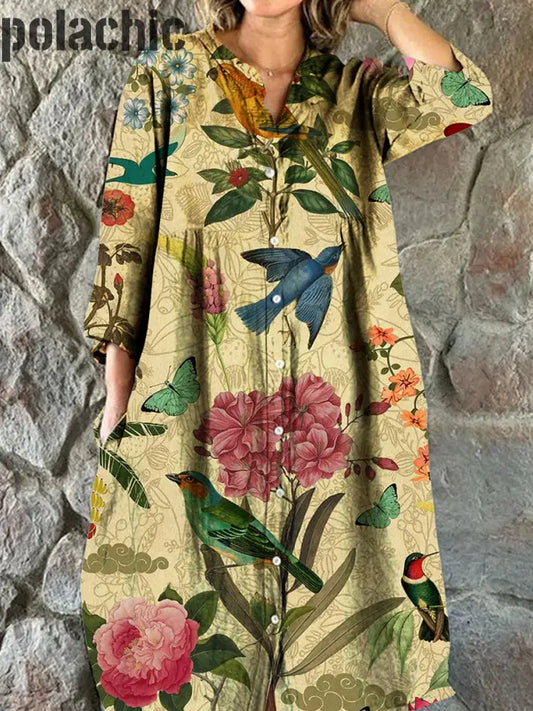 Vintage Bird Art Print Chic Col En V Trois-Quarts Manches Bouton Élégant Midi Robe A / S