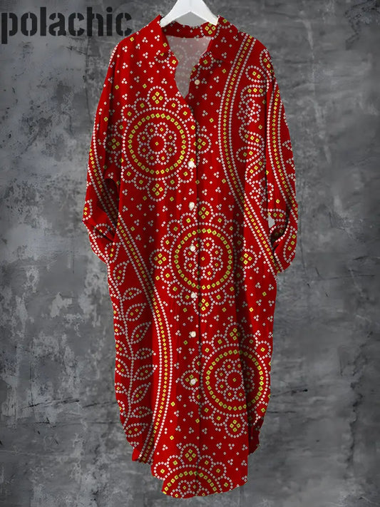 Vintage Bohème Floral Art Print Chic Manches Longues Casual Col En V Bouton Lâche Robe Chemise A / S