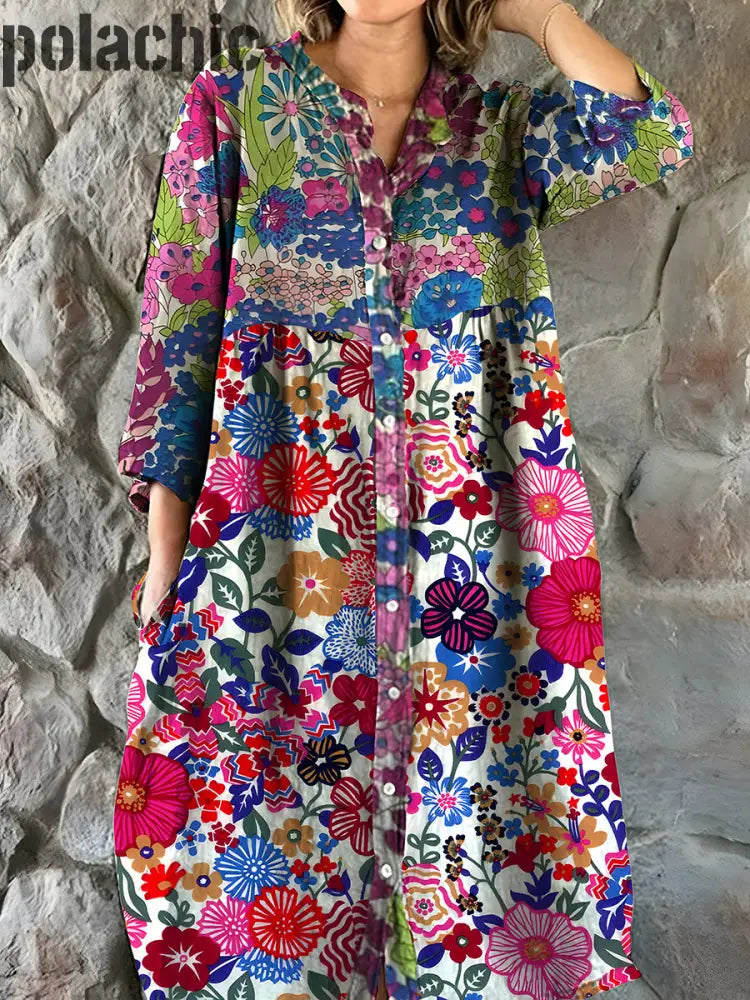 Vintage Bohème Floral Art Print Chic V Cou Trois Quarts Manches Bouton Robe Élégante Midi A / S