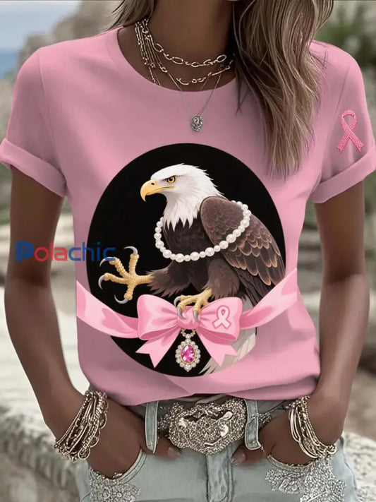 Vintage Breast Cancer Eagle Perles Imprimer T shirt décontracté à manches courtes en coton Rose / S