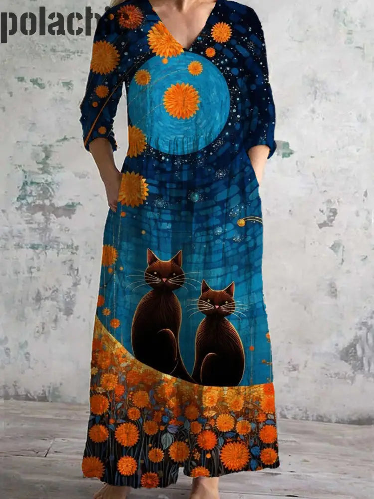 Vintage Cat Art Print Chic Col En V Manches Trois-Quarts Élégante Robe Midi A / S