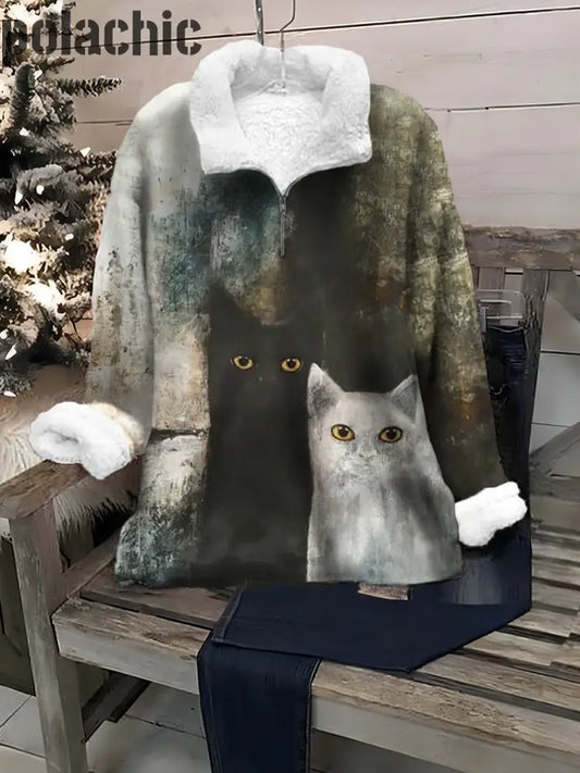 Vintage Cat Art Print Élégant Revers En Peluche Haut À Manches Longues