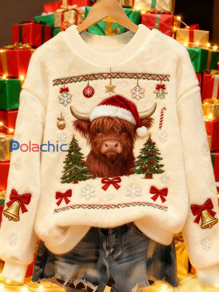 Vintage Christmas Highland Bovins Imprimé Flanelle Sweatshirt Femme comme image / S