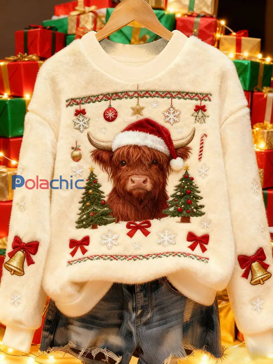 Vintage Christmas Highland Bovins Imprimé Flanelle Sweatshirt Femme comme image / S