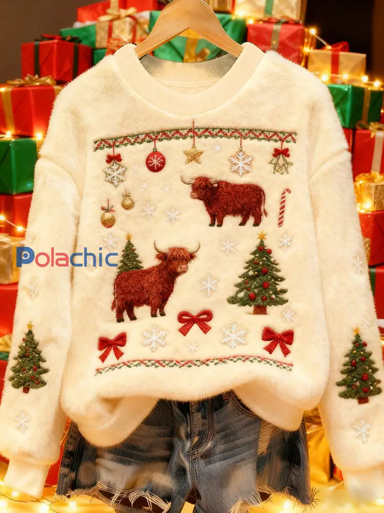Vintage Christmas Highland Bovins Imprimé Flanelle Sweatshirt Femme comme image / S