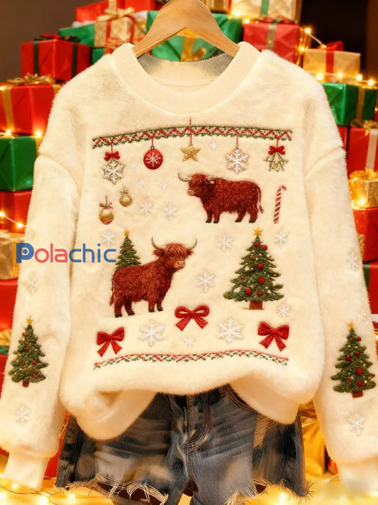 Vintage Christmas Highland Bovins Imprimé Flanelle Sweatshirt Femme comme image / S