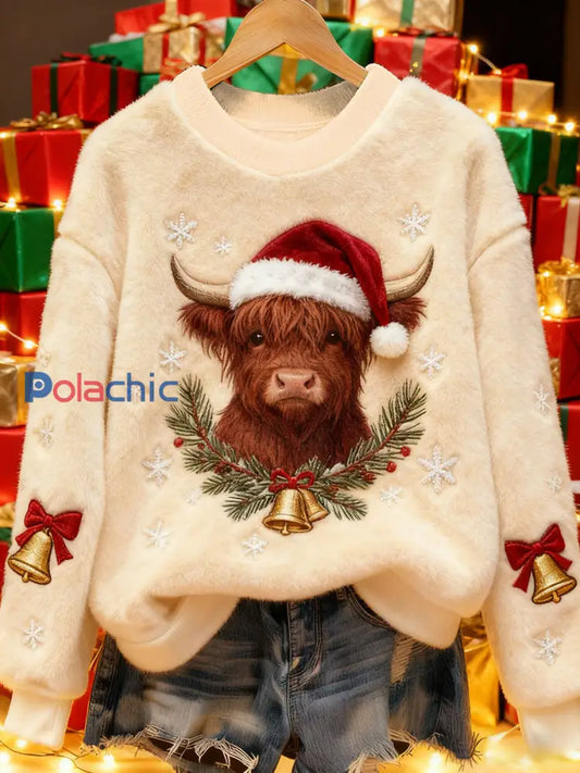 Vintage Christmas Highland Bovins Imprimé Flanelle Sweatshirt Femme comme image / S