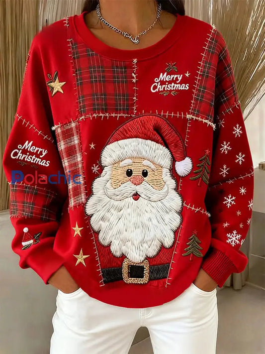 Vintage Christmas Santa Claus Sweatshirt Imprimé Femme Rouge / S