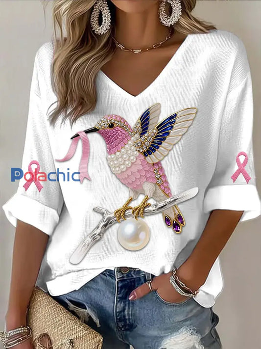 Vintage Vintage Colibri Perles Colorées Cancer du sein Imprimer T shirt décontracté à manches longues en coton Blanc / S