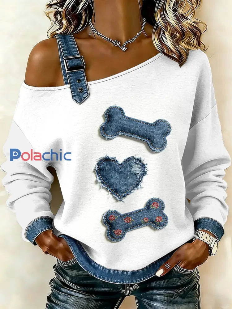 Vintage Dog Bone Patchwork Imprimer décontracté Off-épaule Sweatshirt des femmes comme image / S