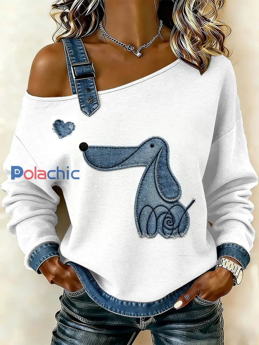 Vintage Dog Paw Patte Patchwork Imprimer Casual Off-épaule Sweatshirt des femmes comme image / S