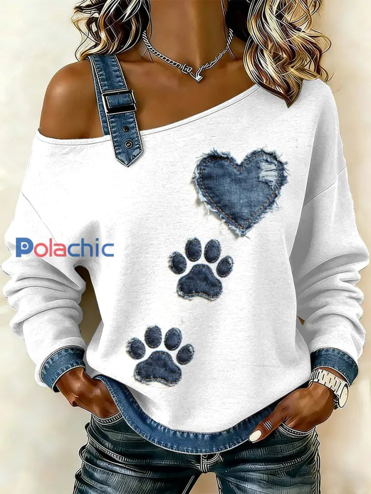 Vintage Dog Paw Patte Patchwork Imprimer Casual Off-épaule Sweatshirt des femmes comme image / S