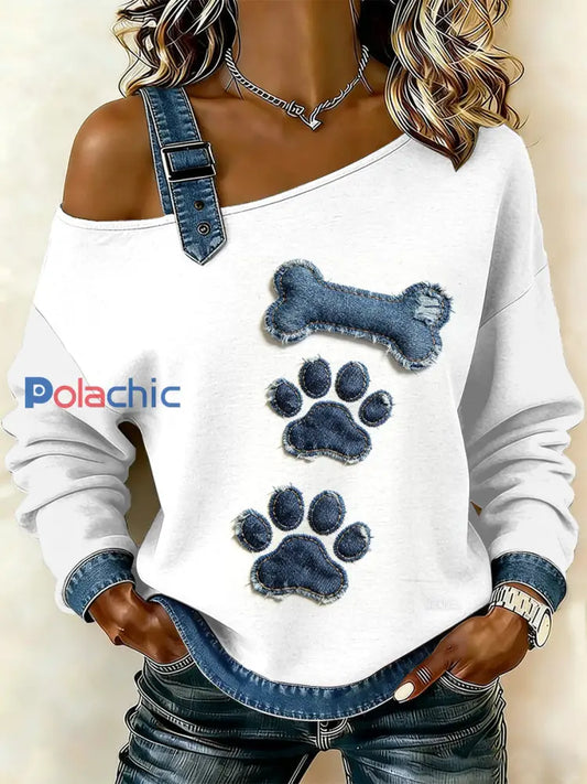 Vintage Dog Paw Patte Patchwork Imprimer Casual Off-épaule Sweatshirt des femmes comme image / S