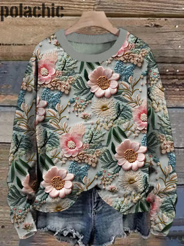 Vintage Fleurs Roses Imprimé Col Rond Casual Manches Longues Sweatshirt A / S