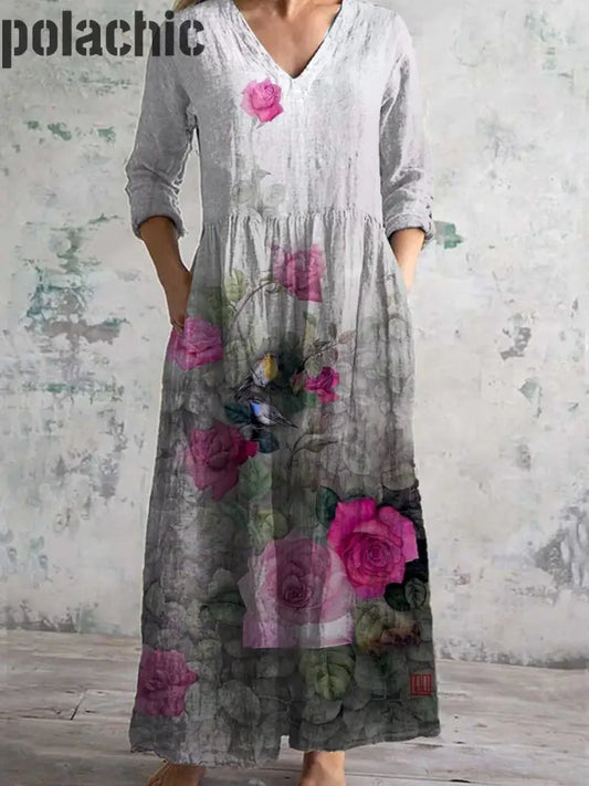 Vintage Floral Art Print Chic Col En V Manches Trois-Quarts Élégante Robe Midi A / S