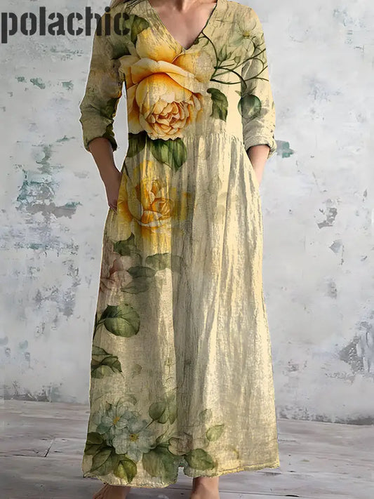 Vintage Floral Art Print Chic Col En V Manches Trois-Quarts Élégante Robe Midi A / S