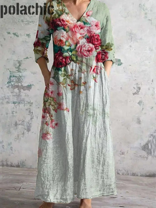 Vintage Floral Art Print Chic Col En V Manches Trois-Quarts Élégante Robe Midi A / S