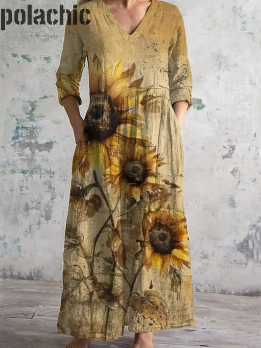 Vintage Floral Art Print Chic Col En V Manches Trois-Quarts Élégante Robe Midi A / S