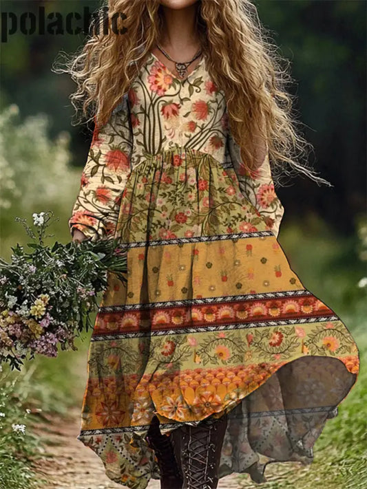 Vintage Floral Art Print V-Cou Élégant Chic Lâche À Manches Longues Midi Dress A / S