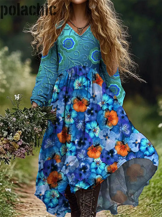 Vintage Floral Art Print V-Cou Élégant Chic Lâche À Manches Longues Midi Dress A / S