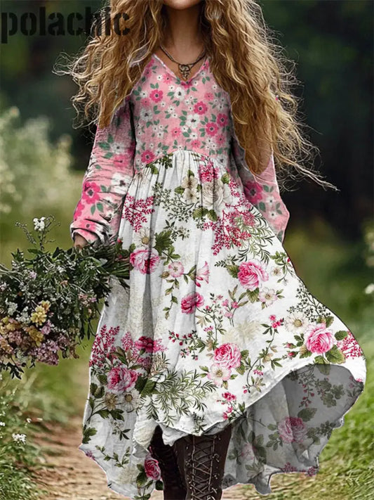 Vintage Floral Art Print V-Cou Élégant Chic Lâche À Manches Longues Midi Dress A / S