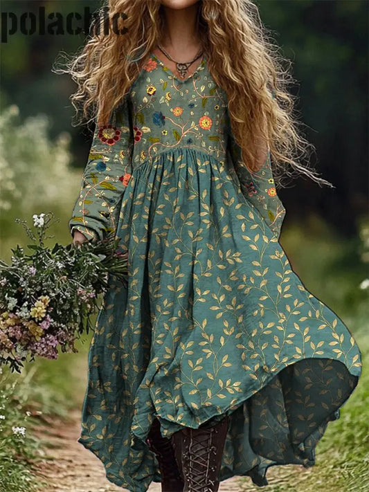 Vintage Floral Art Print V-Cou Élégant Chic Lâche À Manches Longues Midi Dress A / S
