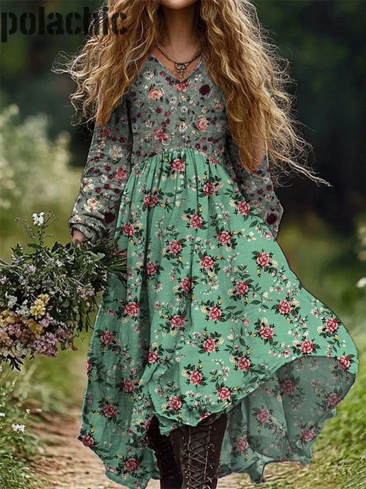 Vintage Floral Art Print V Cou Élégant Chic Lâche À Manches Longues Robe Midi A / S
