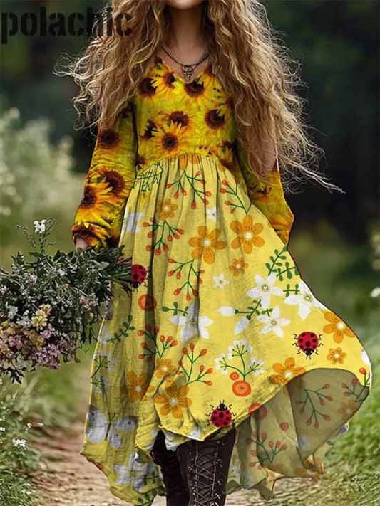Vintage Floral Art Print V Cou Élégant Chic Lâche À Manches Longues Robe Midi A / S