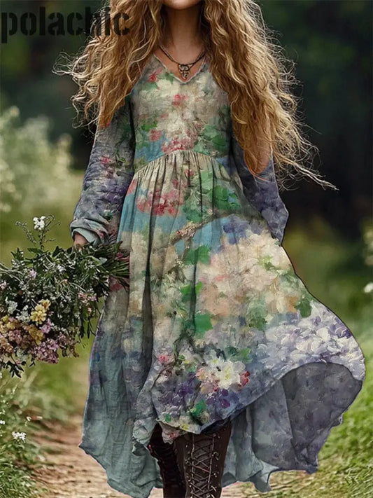Vintage Floral Art Print V Cou Élégant Chic Lâche À Manches Longues Robe Midi A / S