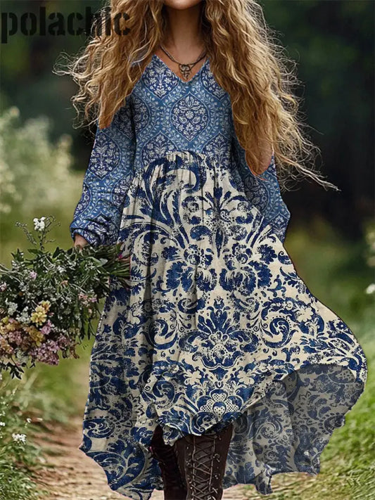 Vintage Floral Art Print V Cou Élégant Chic Lâche À Manches Longues Robe Midi A / S