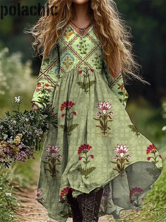 Vintage Floral Art Print V Cou Élégant Chic Lâche À Manches Longues Robe Midi A / S